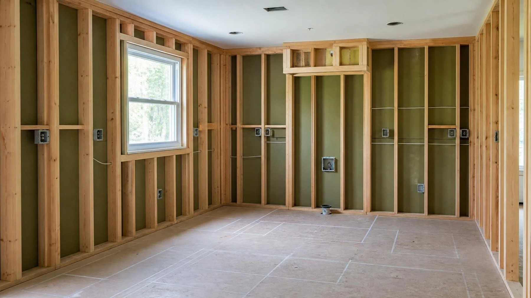 Open wall framing with organized electrical boxes beside kitchen cabinet plans