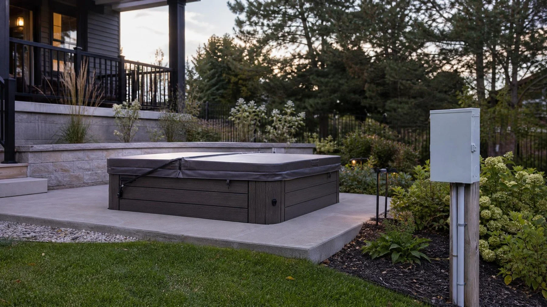 Backyard hot tub pad with a planned electrical route and nearby service equipment