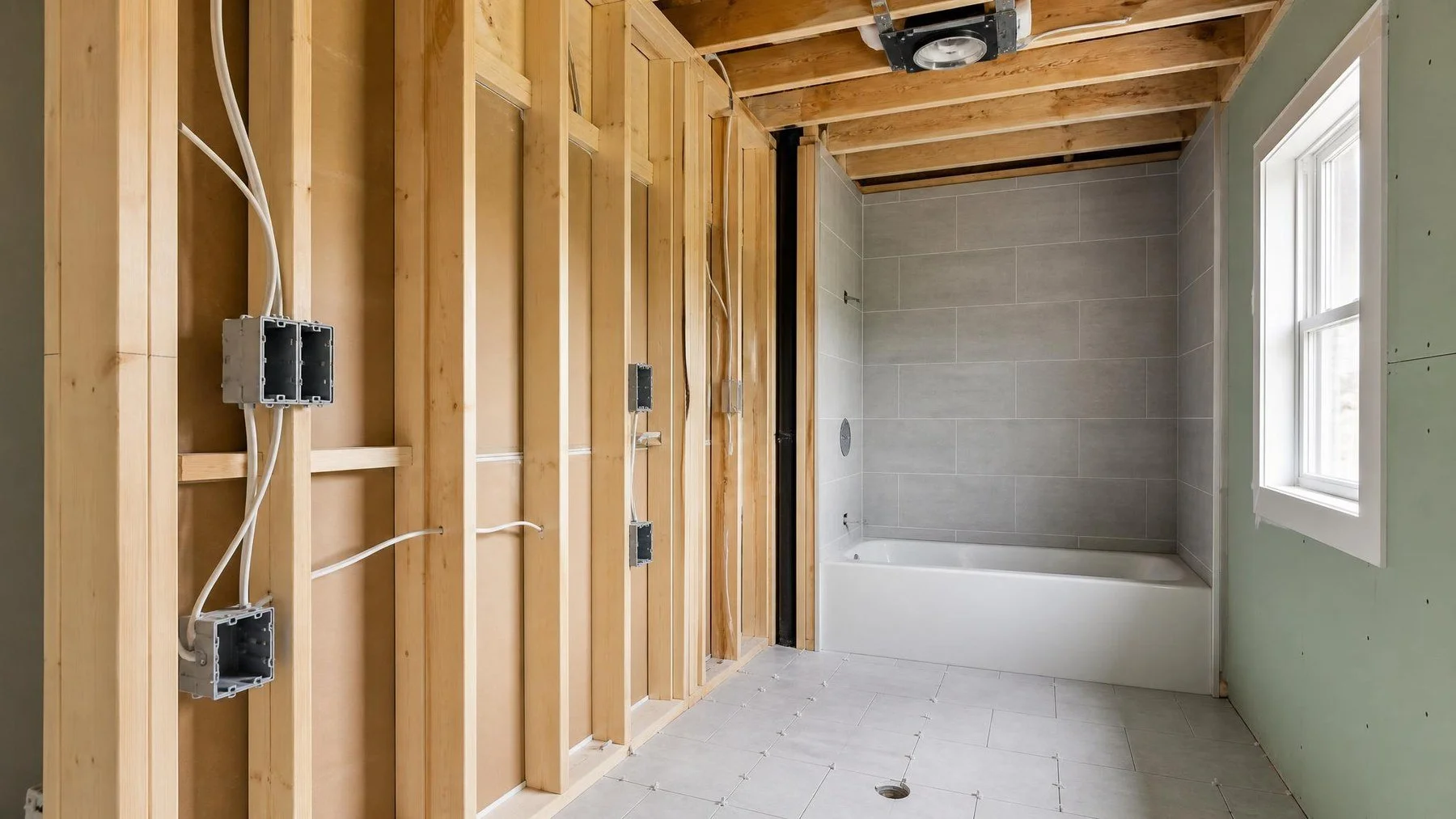 Bathroom renovation framing with electrical boxes positioned around a vanity and mirror plan
