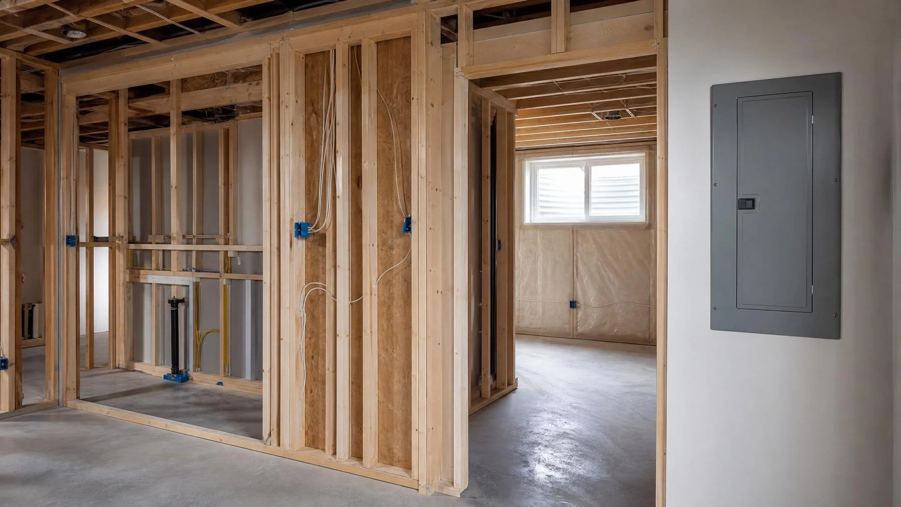 Open basement framing with organized wiring routes and a renovation floor plan