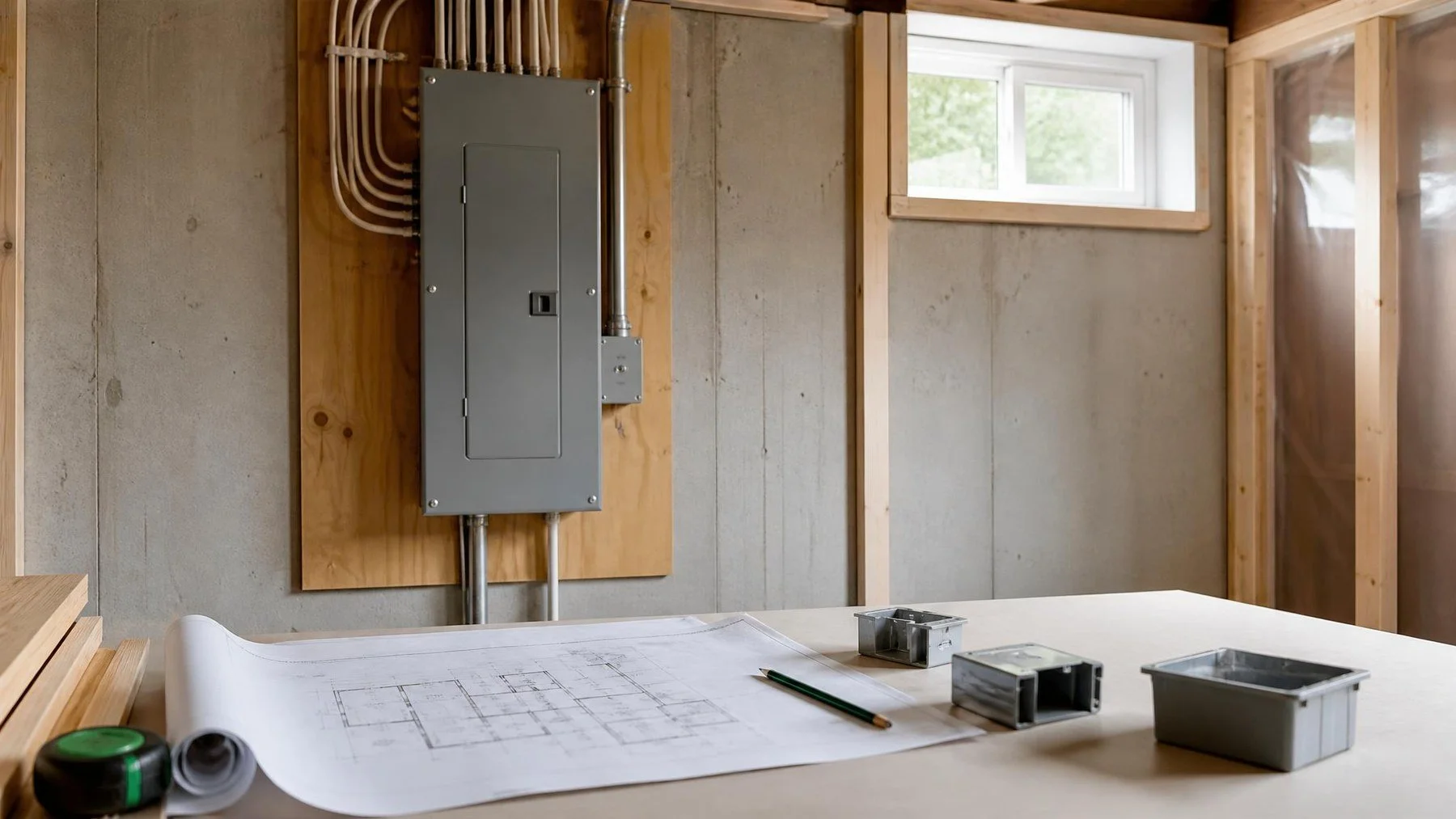 Labelled residential electrical panel and renovation equipment schedule on a workbench