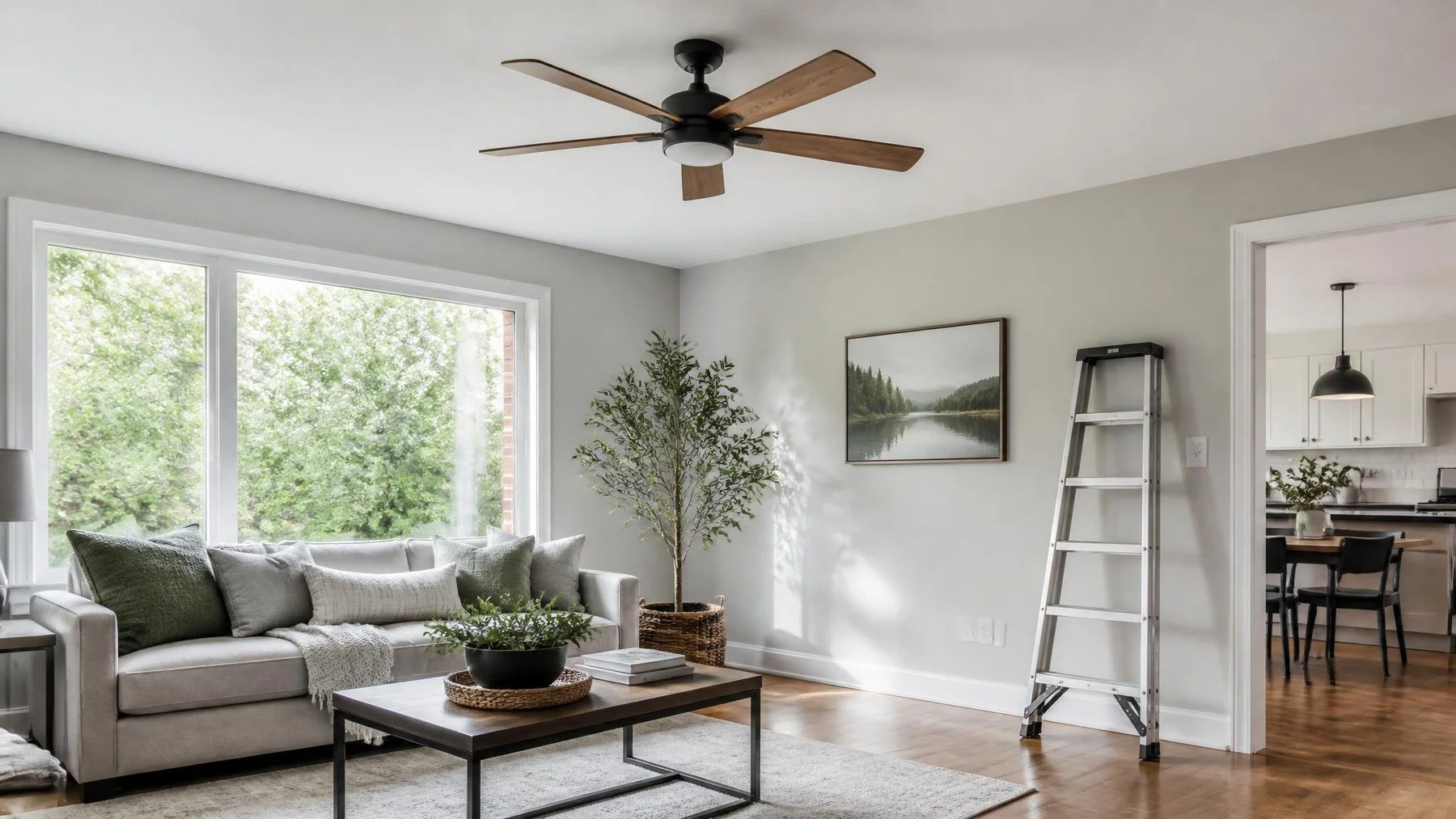 Five blade ceiling fan with wood tone blades and a light kit in a bright living room, with a folded stepladder leaning against the wall