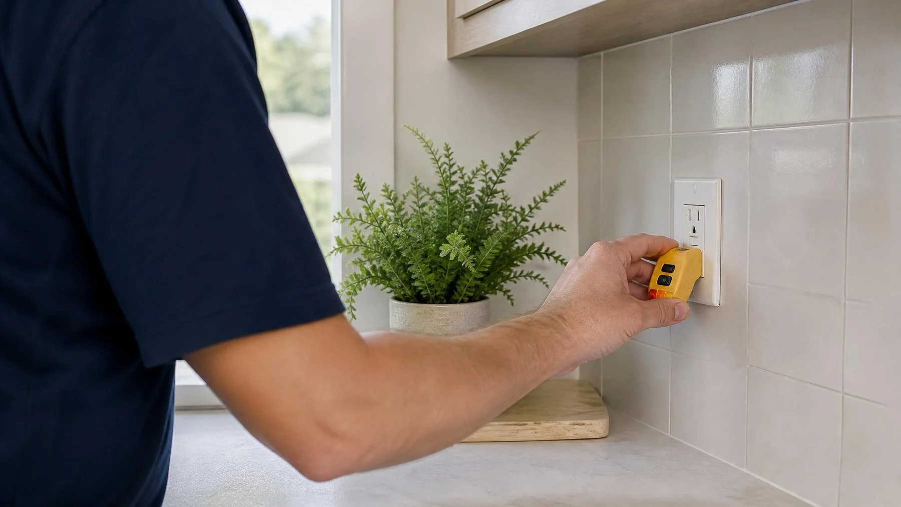 Licensed electrician testing a kitchen GFCI outlet with a plug-in tester