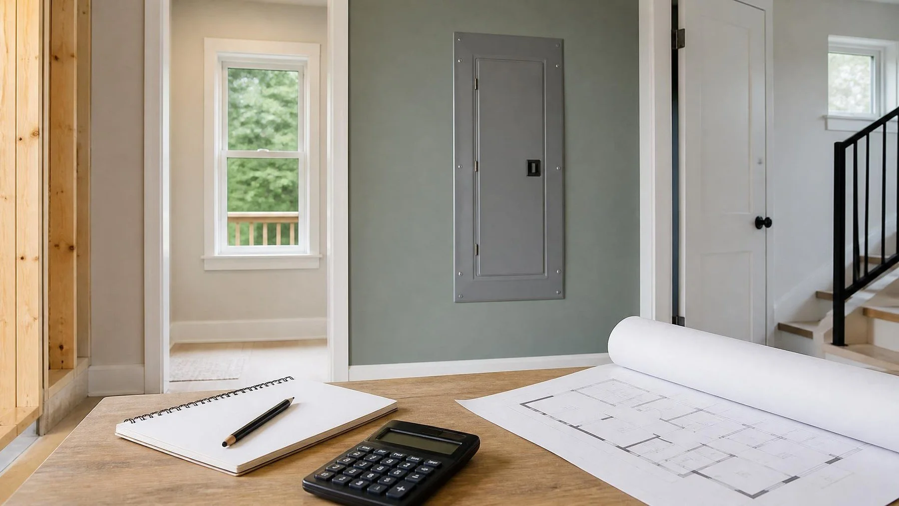Electrician holding a clipboard with a home equipment schedule beside a closed, labelled residential electrical panel in a basement utility room