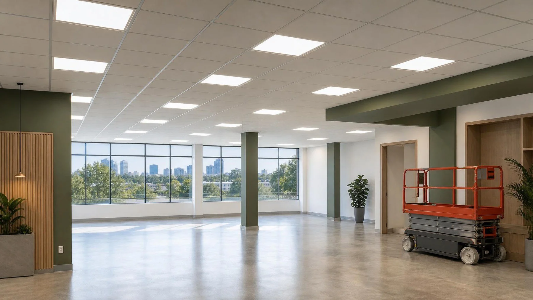 Electrician and facility manager reviewing a phased LED lighting plan under ceiling fixtures in an occupied office