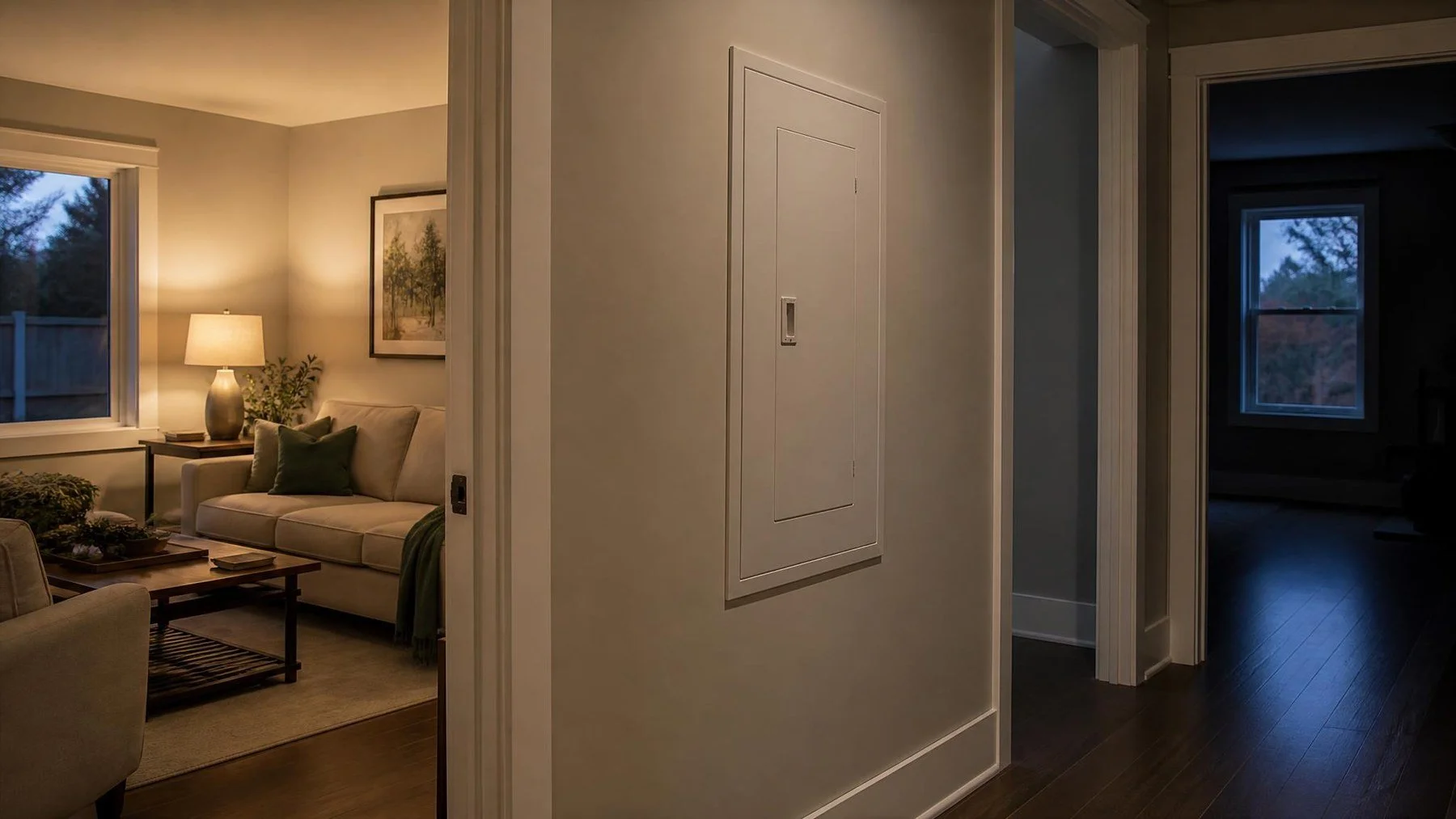 Electrician holding a flashlight beside a closed breaker panel in a Toronto basement, with a dark hallway on one side and a lit kitchen on the other