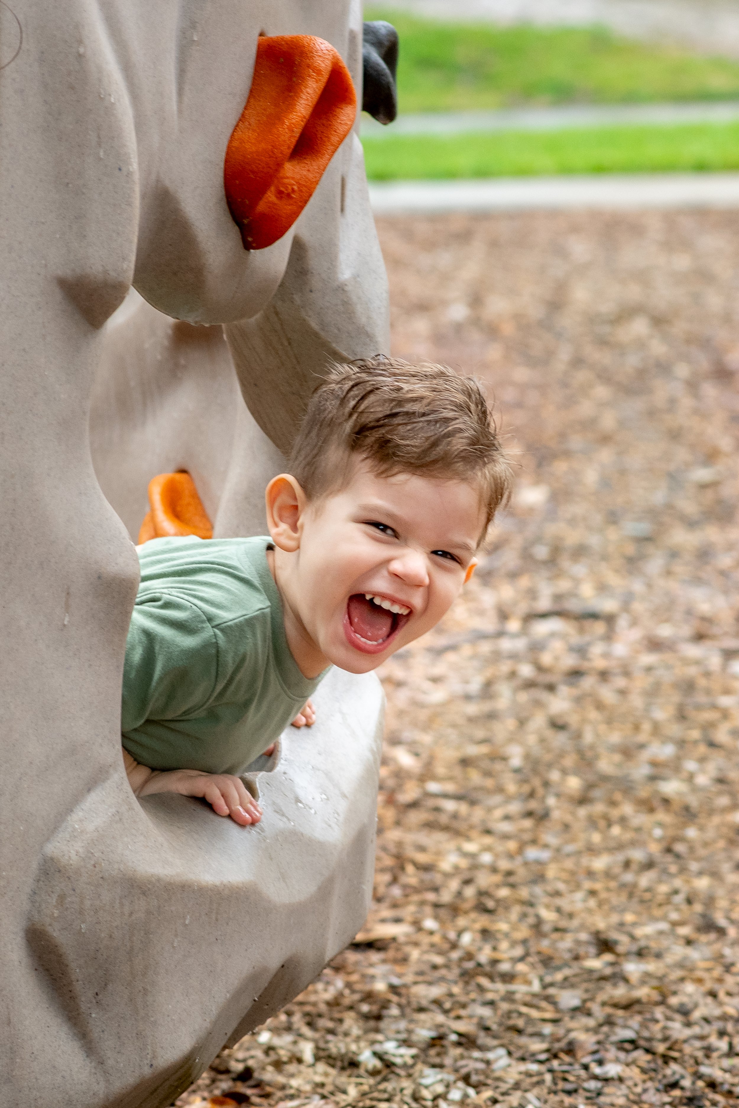A young boy with short brown hair, wearing a green shirt, leans out from a rock climbing wall at a playground and laughs with his mouth open. The wall has beige textured surfaces with orange climbing holds, and the ground is covered with wood chips.