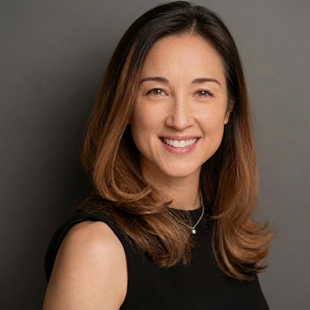 A woman with shoulder-length brown hair wearing a black sleeveless top and a pearl necklace, smiling against a gray background.