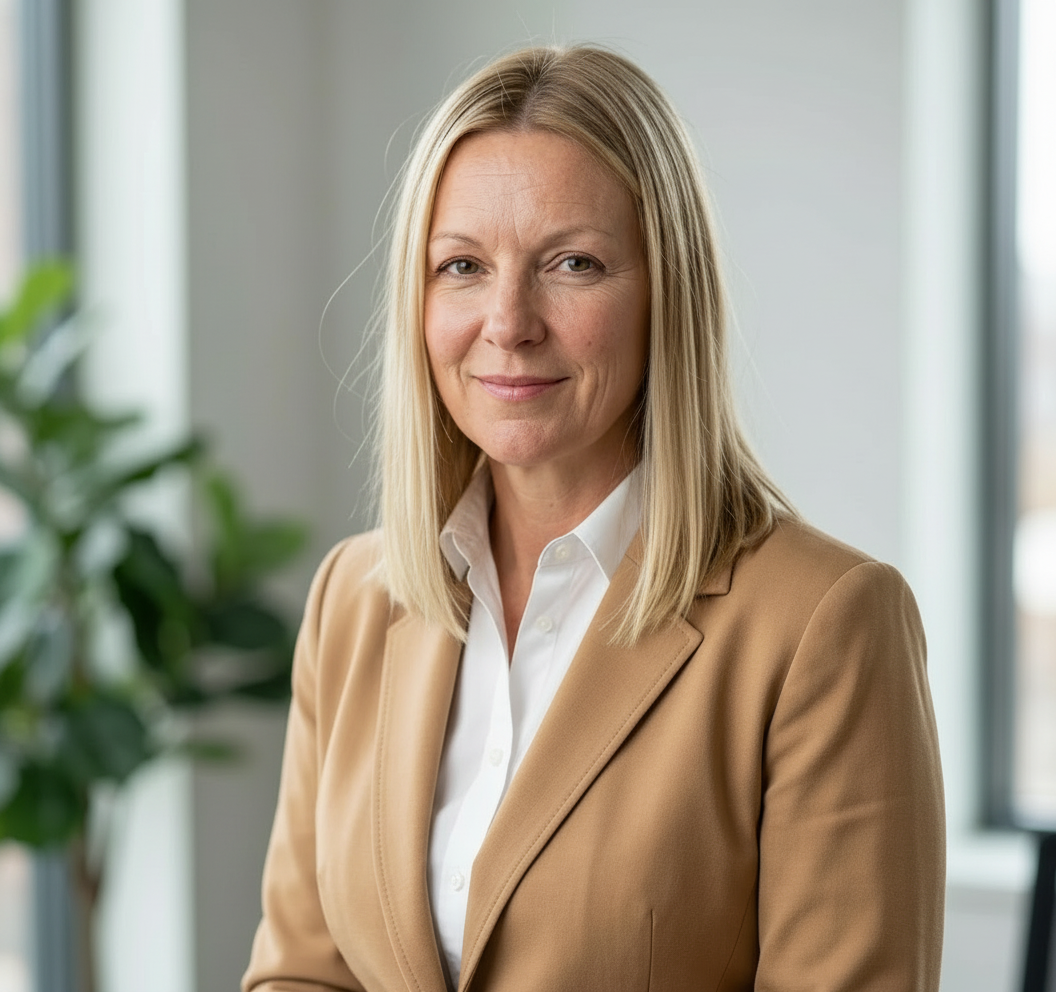 A professional woman with blonde hair wearing a tan blazer and white shirt, smiling confidently in an office setting with large windows and a plant in the background.