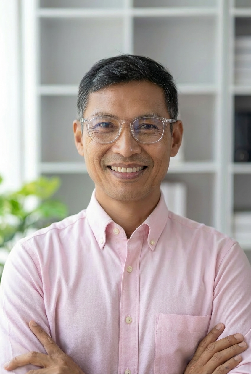 A man with glasses and short dark hair in a pink collared shirt, smiling with arms crossed, standing in front of a white bookshelf and a window with white curtains.
