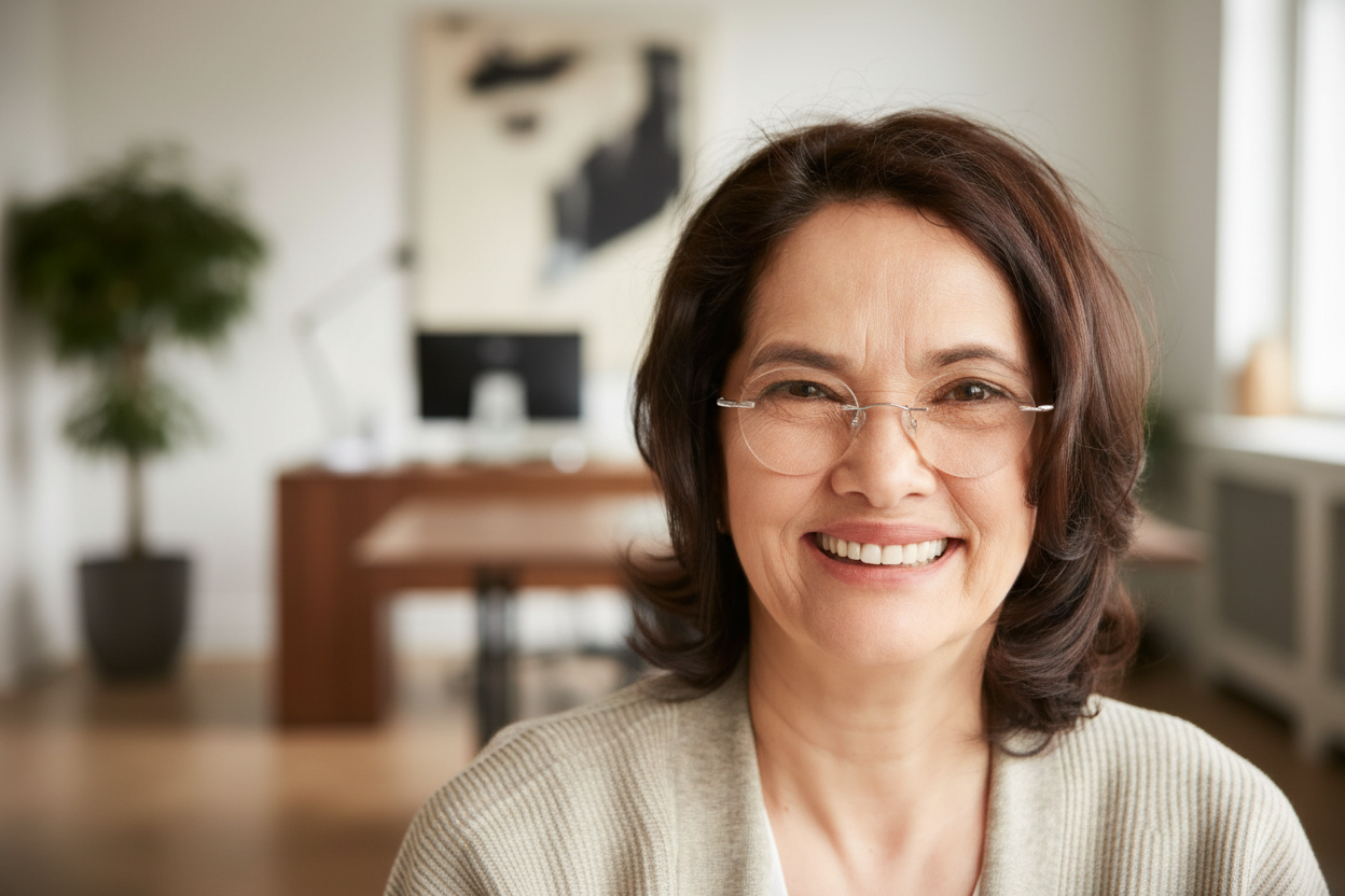 Smiling middle-aged woman with glasses indoors in a bright office or home office with a desk, computer, and potted plant in the background.