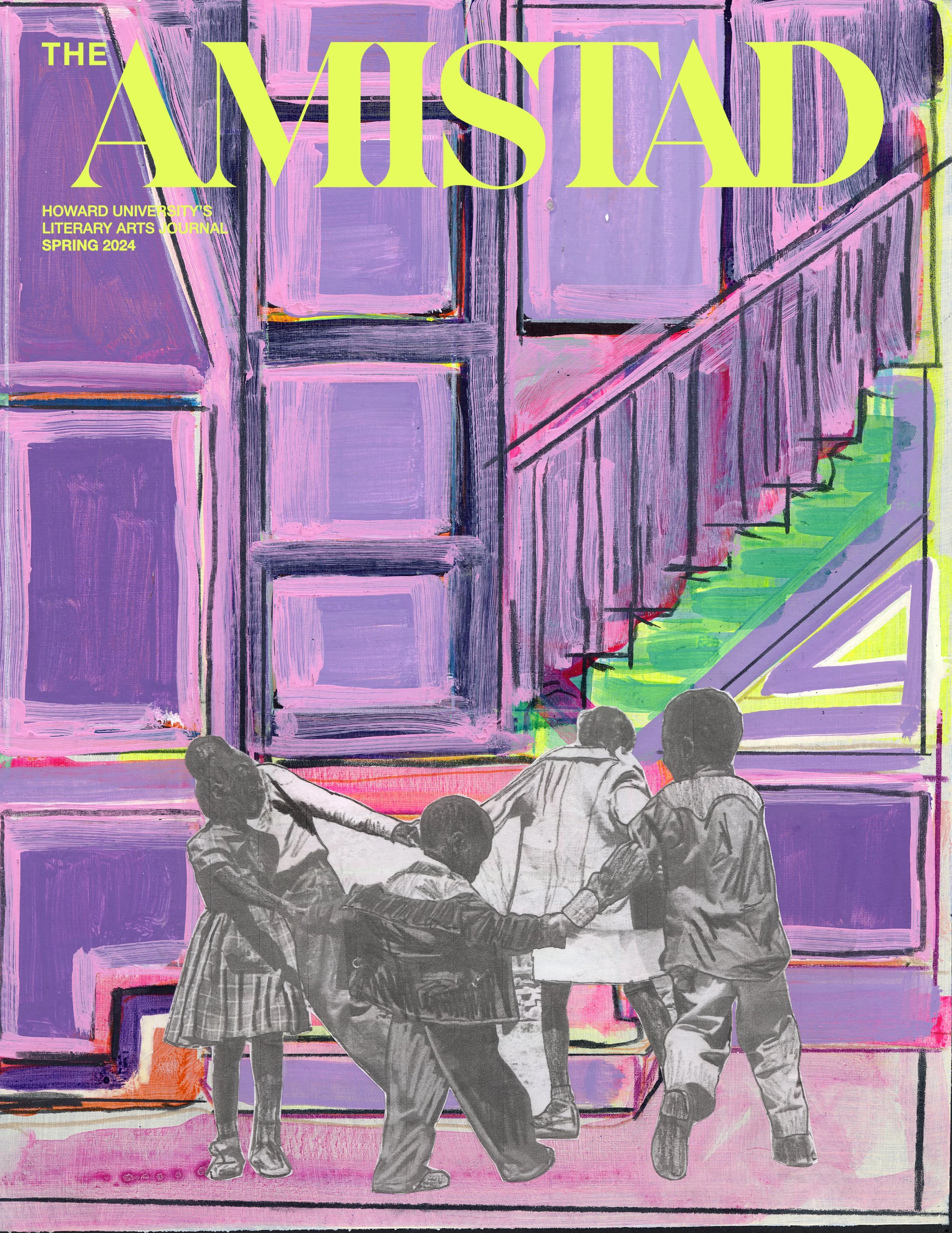 Cover of 'The Amistad,' a literary arts journal from Howard University, Spring 2024. The cover features an abstract painted background with a staircase in shades of purple and green, overlaid with a black-and-white photo of children holding a banner.
