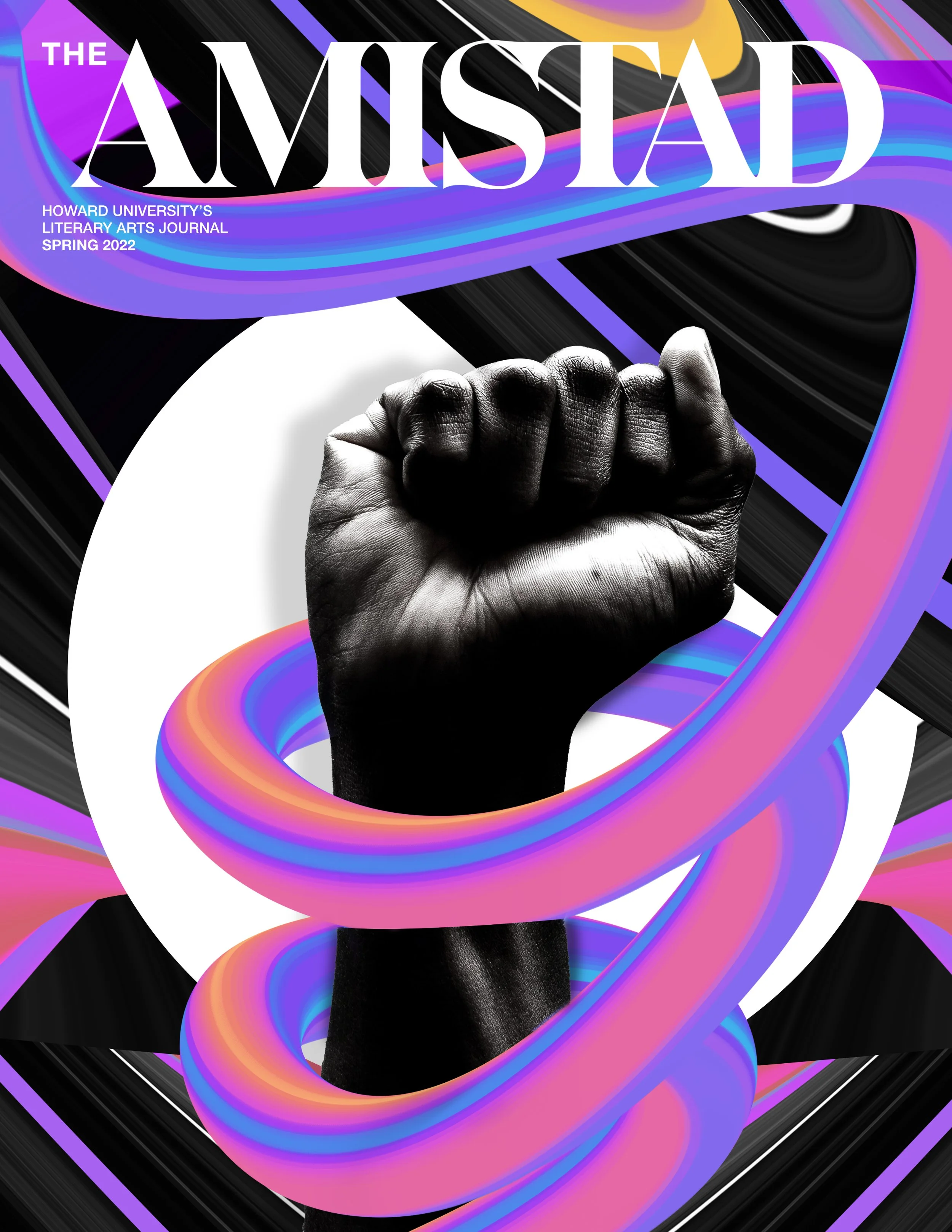 The cover of Howard University's Literary Arts Journal Spring 2022 featuring a black and white raised fist surrounded by colorful swirling ribbons against a geometric black and white background.