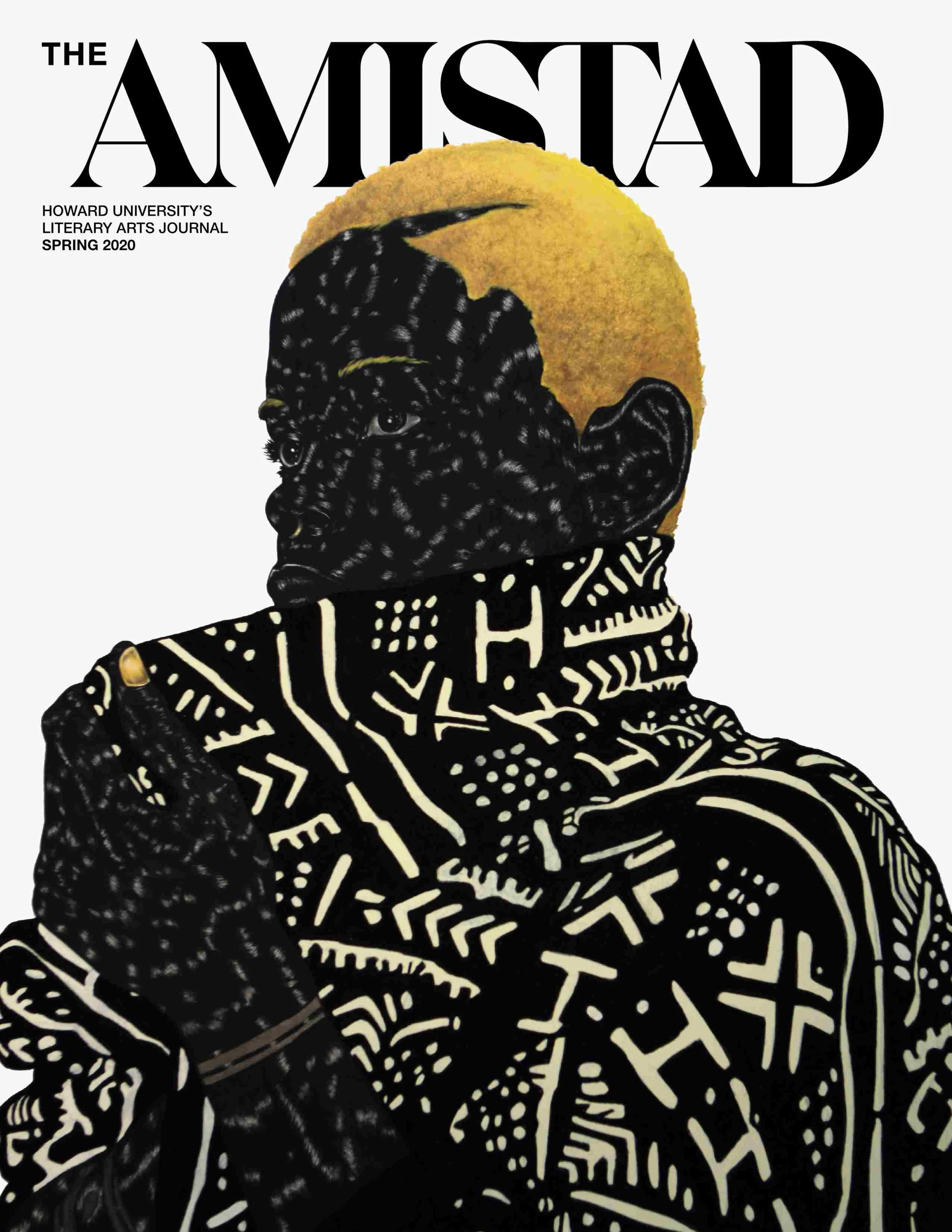 Cover of the Howard University literary arts journal 'The Misad' featuring an abstract illustrated portrait of a person with a black patterned face, wearing a black patterned shirt, and a gold circle behind their head.
