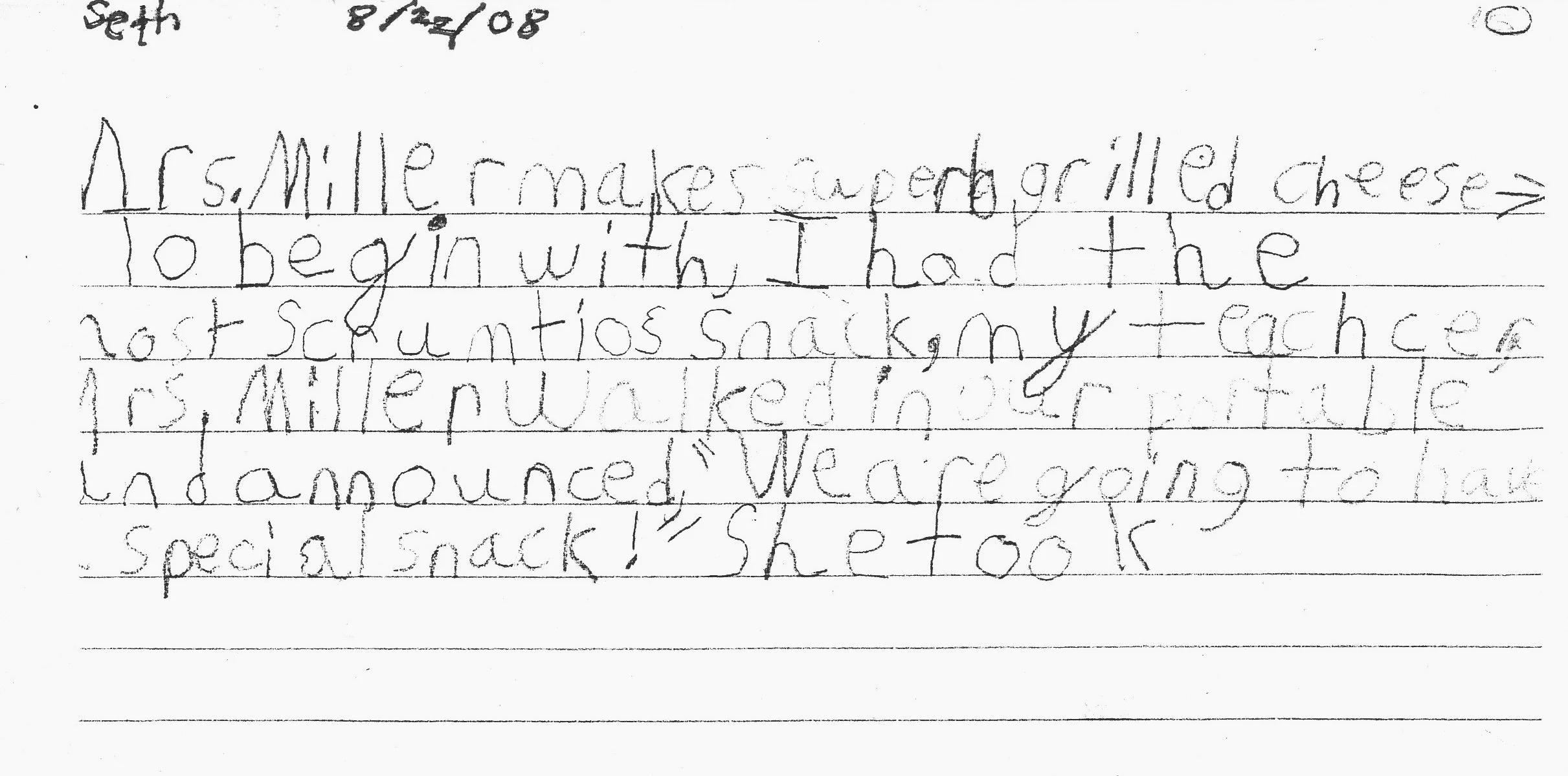 A child's handwritten story about a mouse that makes super grilled cheese, starting with a description of the mouse's journey to school and ending with a fight, and a mention of snacks and a story.