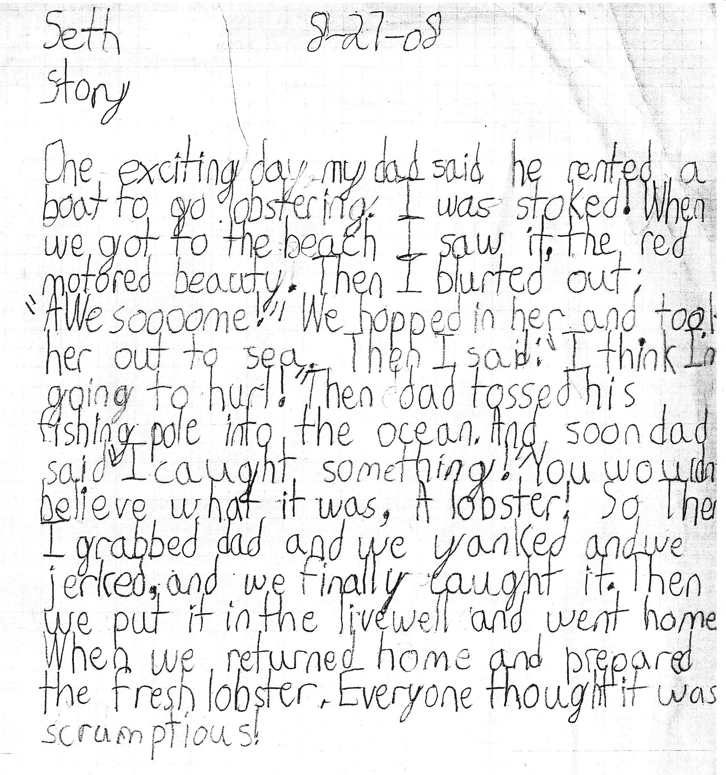 Handwritten story about a family trip to the beach, describing their excitement, seeing a red motorized boat, and activities like fishing and swimming.