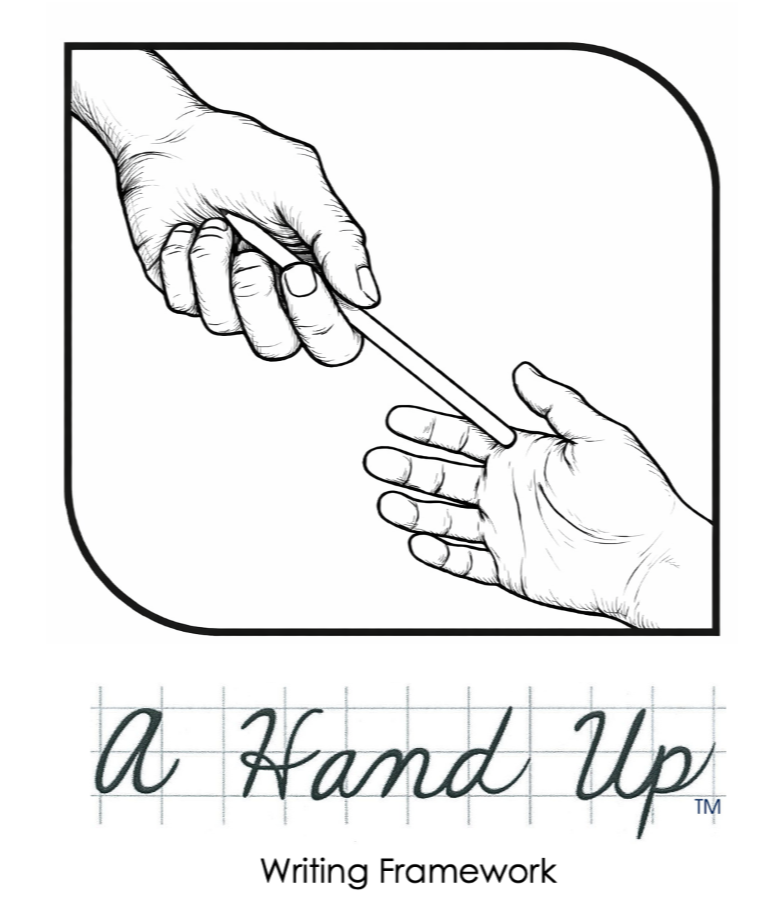A hand with a writing instrument pointing at another hand, illustrating a hand-up writing framework for learning.