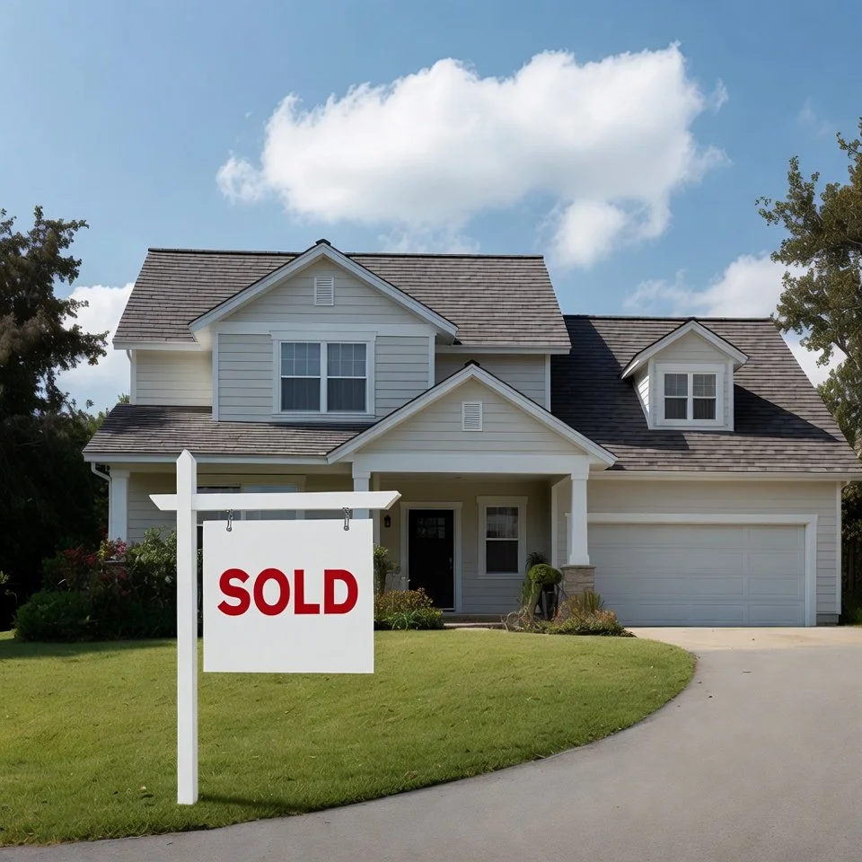A two-story house with white siding, a dark roof, and a front porch, with a 'SOLD' sign in the front yard.