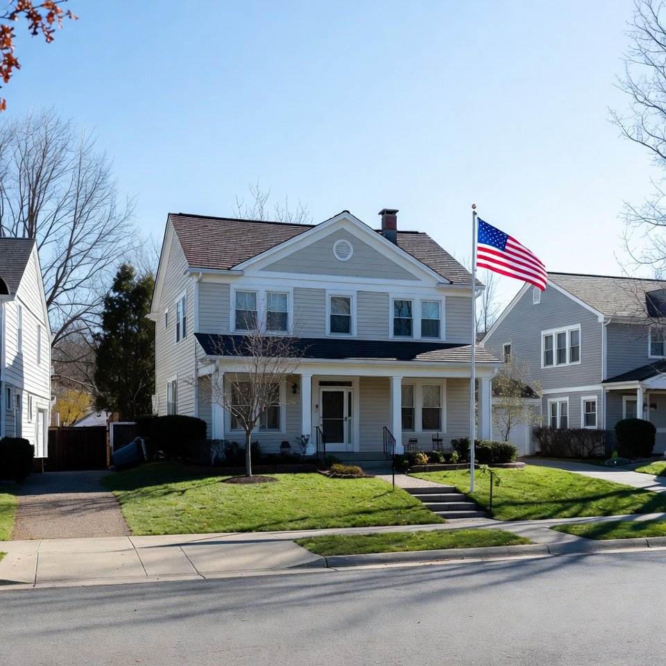 A white two-story house with a porch, front steps, and two small trees in the yard, with an American flag on a flagpole, clear blue sky, and neighboring houses visible.