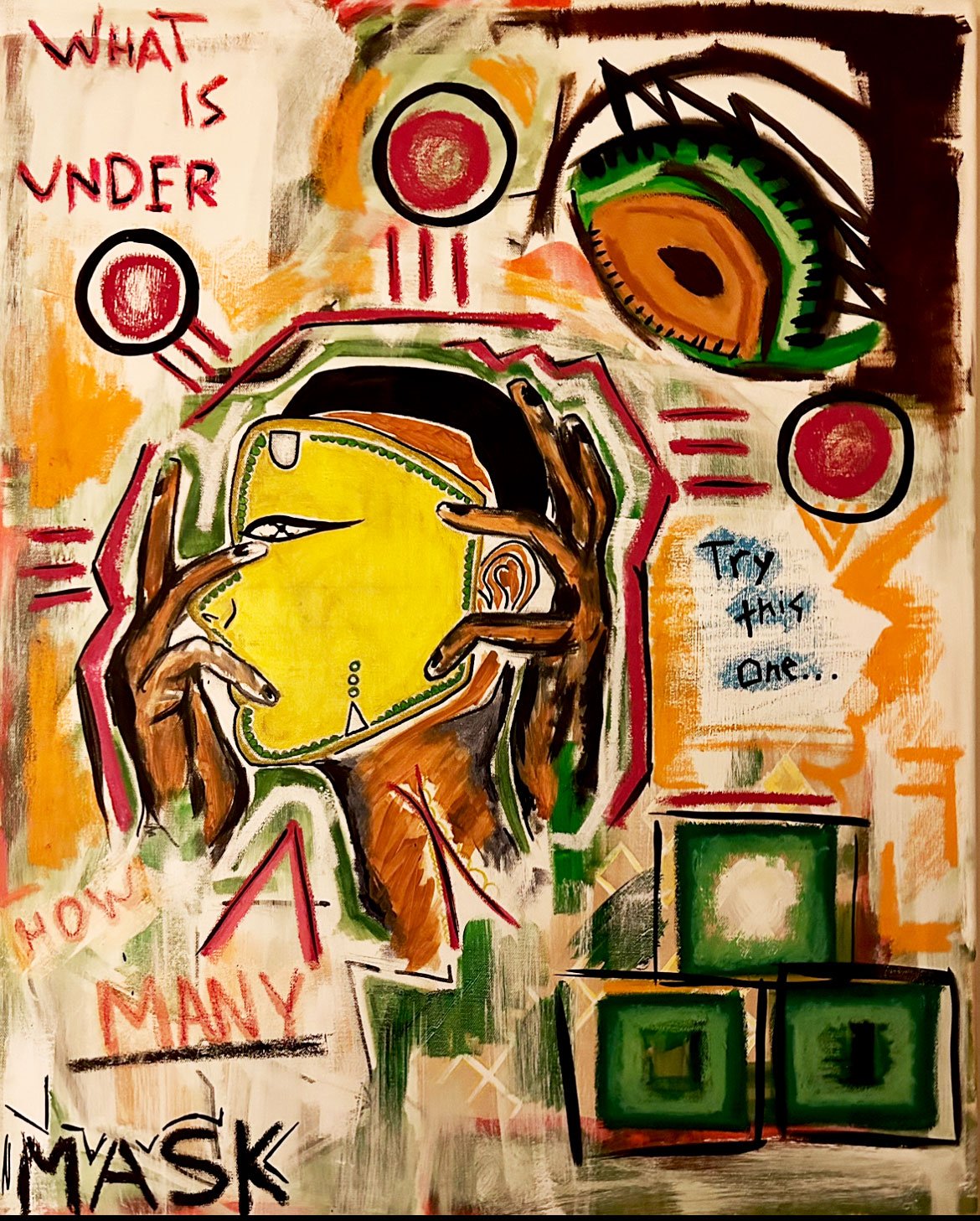 Abstract art featuring a large eye and a face wearing a yellow mask, with various colorful shapes and lines. Text includes 'What is under', 'Try this one...', 'Many' and 'My mask'.