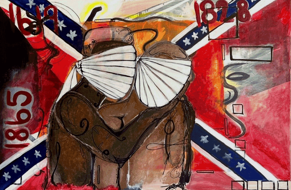 Artistic mural of a dog with a bandana covering its eyes, set against a background featuring the American flag, the Confederate flag, and the year 1861.