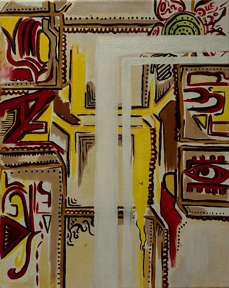 Abstract artwork with bold black outlines and vibrant red, yellow, brown, and green colors, featuring various shapes and patterns.