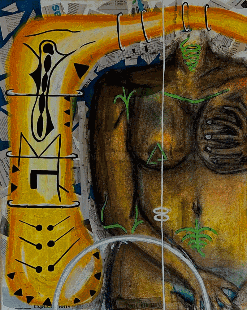 Abstract artwork featuring vibrant orange, yellow, green, black, and brown colors with shapes resembling a human face, plants, and other symbolic elements, painted over a background of torn newspaper.