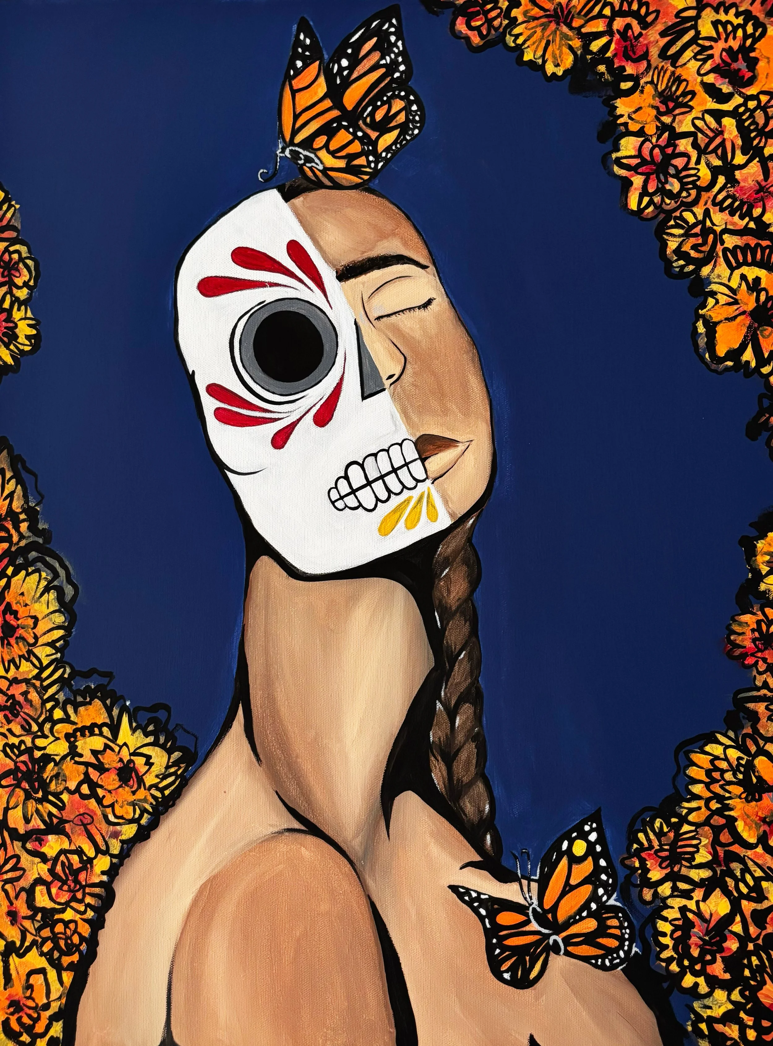 A woman with long braided hair, with half of her face painted as a sugar skull, and the other half natural. She is surrounded by vibrant orange and yellow marigold flowers, with butterflies, including a Monarch butterfly on her face and another on he