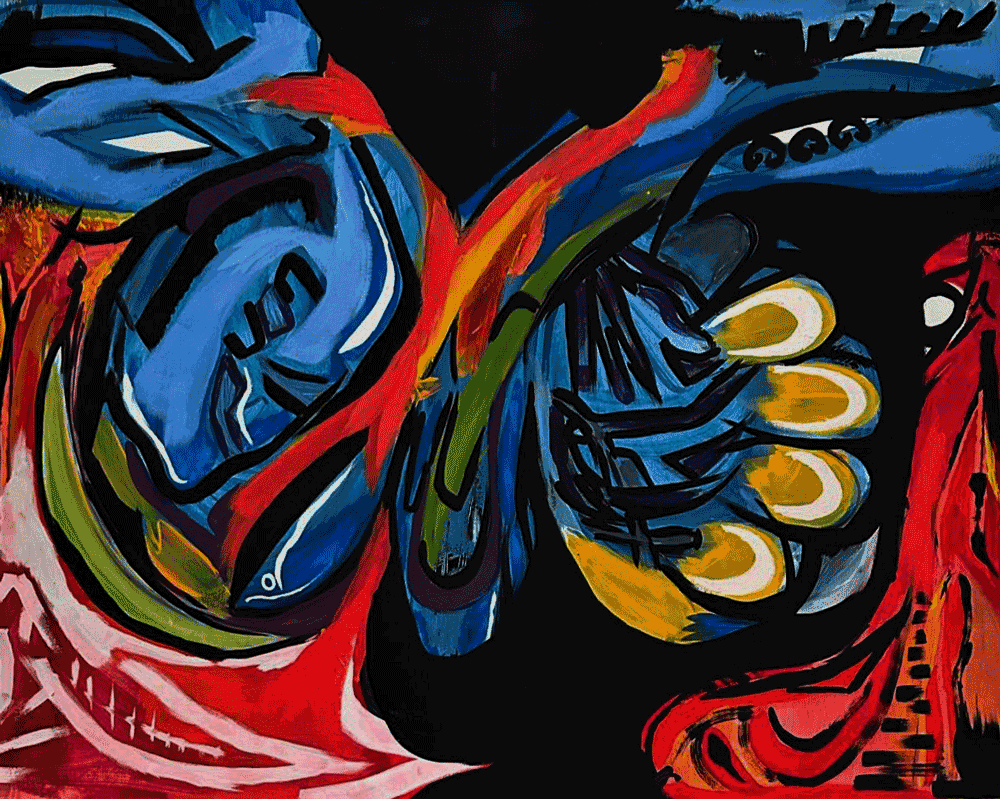 An abstract painting with vibrant colors depicting a human heart and lungs, with blue, red, yellow, green, and black brushstrokes.