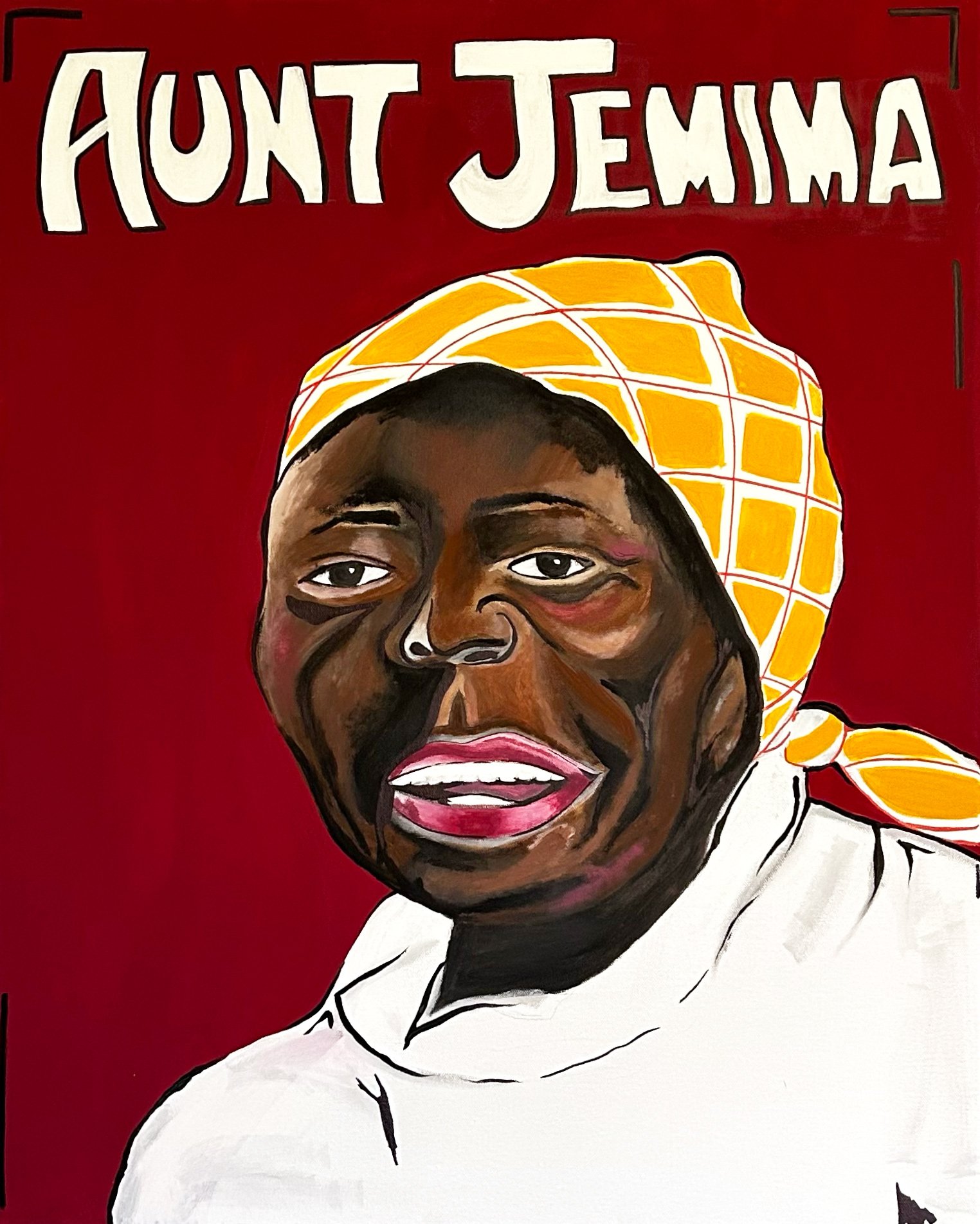 A colorful illustration of Aunt Jemima with a red background, wearing a yellow and white checkered headscarf and a white shirt, with the name "Aunt Jemima" written at the top.