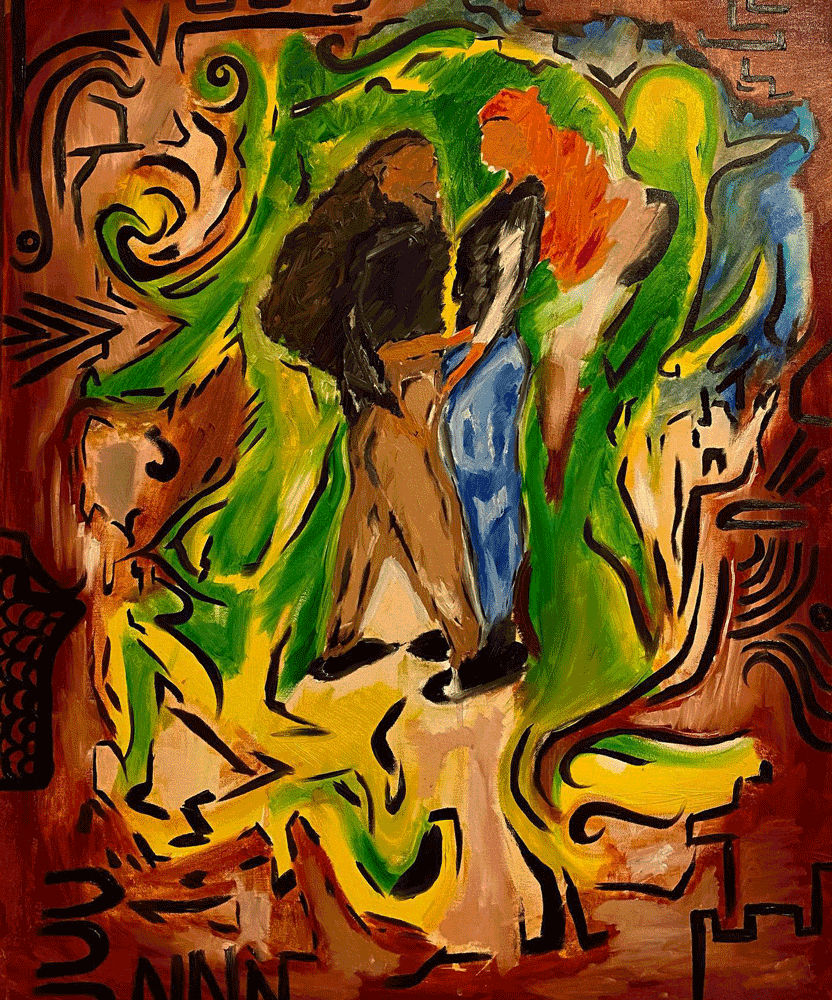 Abstract painting featuring two women standing close, with vibrant colors and expressive black lines, surrounded by swirling patterns and abstract designs.