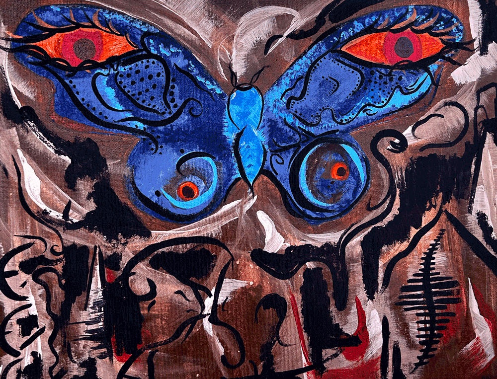 Abstract painting of a blue butterfly with red and black eyes, surrounded by black and brown swirling lines.