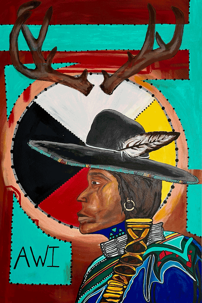 A painted portrait of a Native American woman wearing a large black hat with a feather, traditional jewelry, and a colorful garment. A deer antler adornment is above her head, and a spinner wheel with black, white, red, and yellow sections is in the 