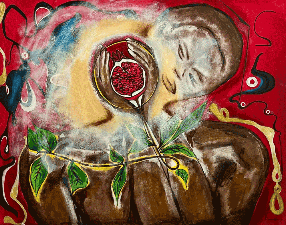 Abstract artwork featuring a human face outline with a pomegranate in the center, surrounded by leaves and vibrant red background, blending realism and abstract elements.