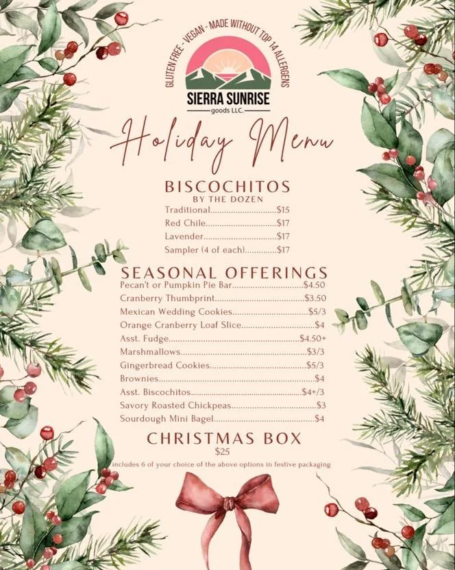 Last call to order for Christmas!! 
Everything gluten free, vegan, and made without the top allergens! Message me to order or check out my new (albeit clunky) website at www.sierrasunrisegoods.com
#glutenfree #glutenfreebaking #vegan #allergyfree #nm