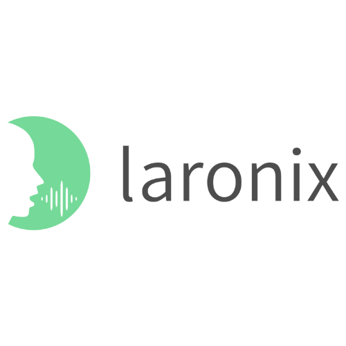 Laronix logo featuring a green crescent moon with sound wave lines and the company name in black text.