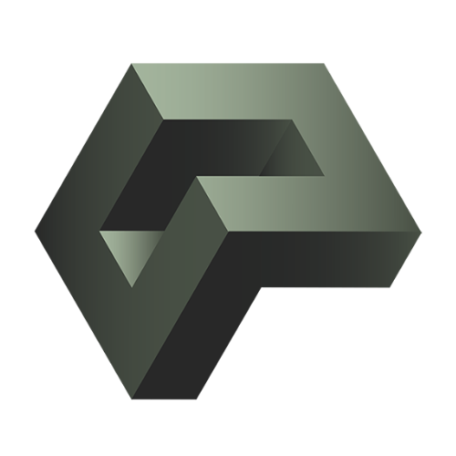 A 3D geometric logo with an interlocking rectangular design in gray tones.