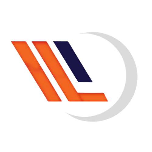 A colorful logo featuring orange, pink, navy, and white elements with stylized shapes and a crescent design.