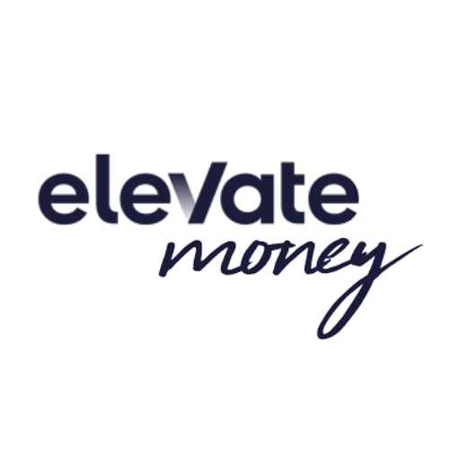Logo with the words 'elevate money' in navy blue, with 'elevate' in bold and 'money' in cursive script.