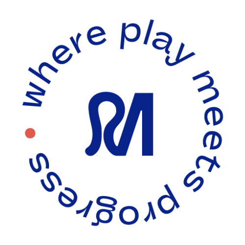 Circular logo with the words 'where play meets progress' written around a stylized 'S' in the center, with a small red dot on the left side of the circle.
