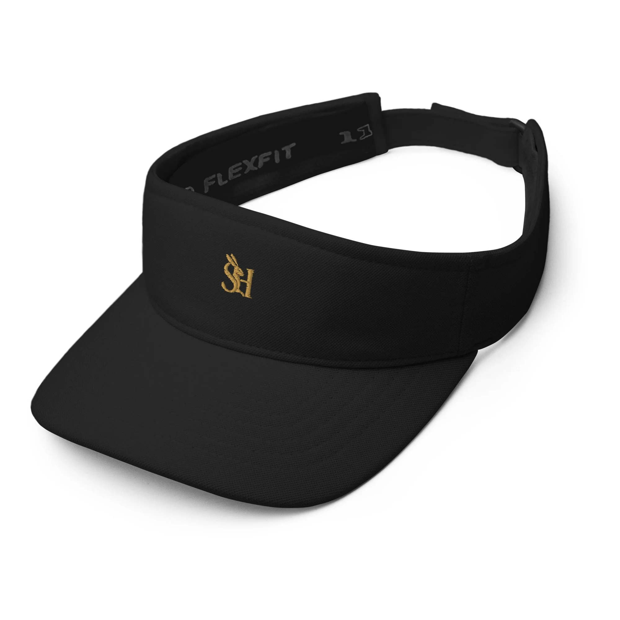 Black workout visor with an adjustable strap and gold embroidered logo on the front.