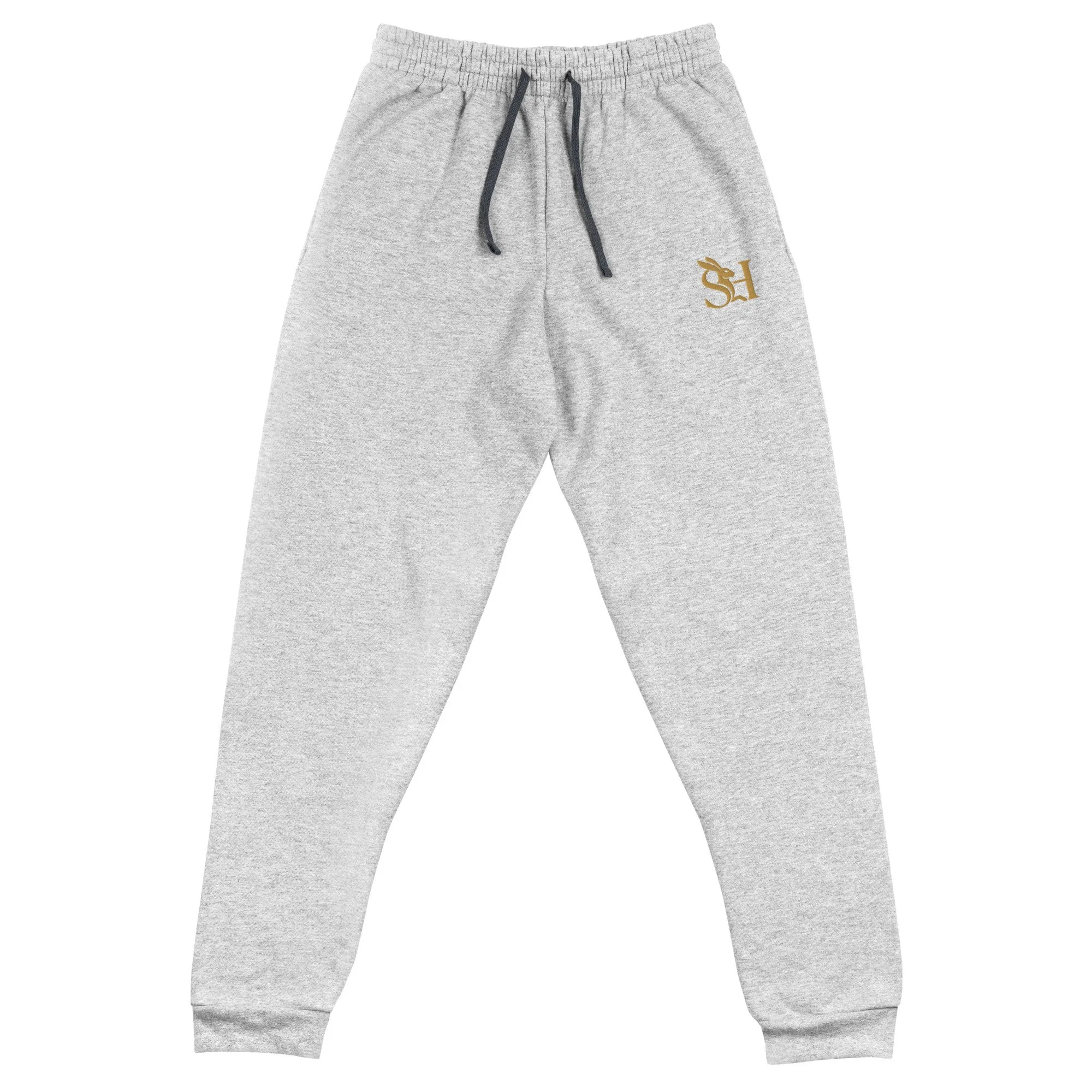 Light gray sweatpants with black drawstring and gold logo on the upper left thigh.