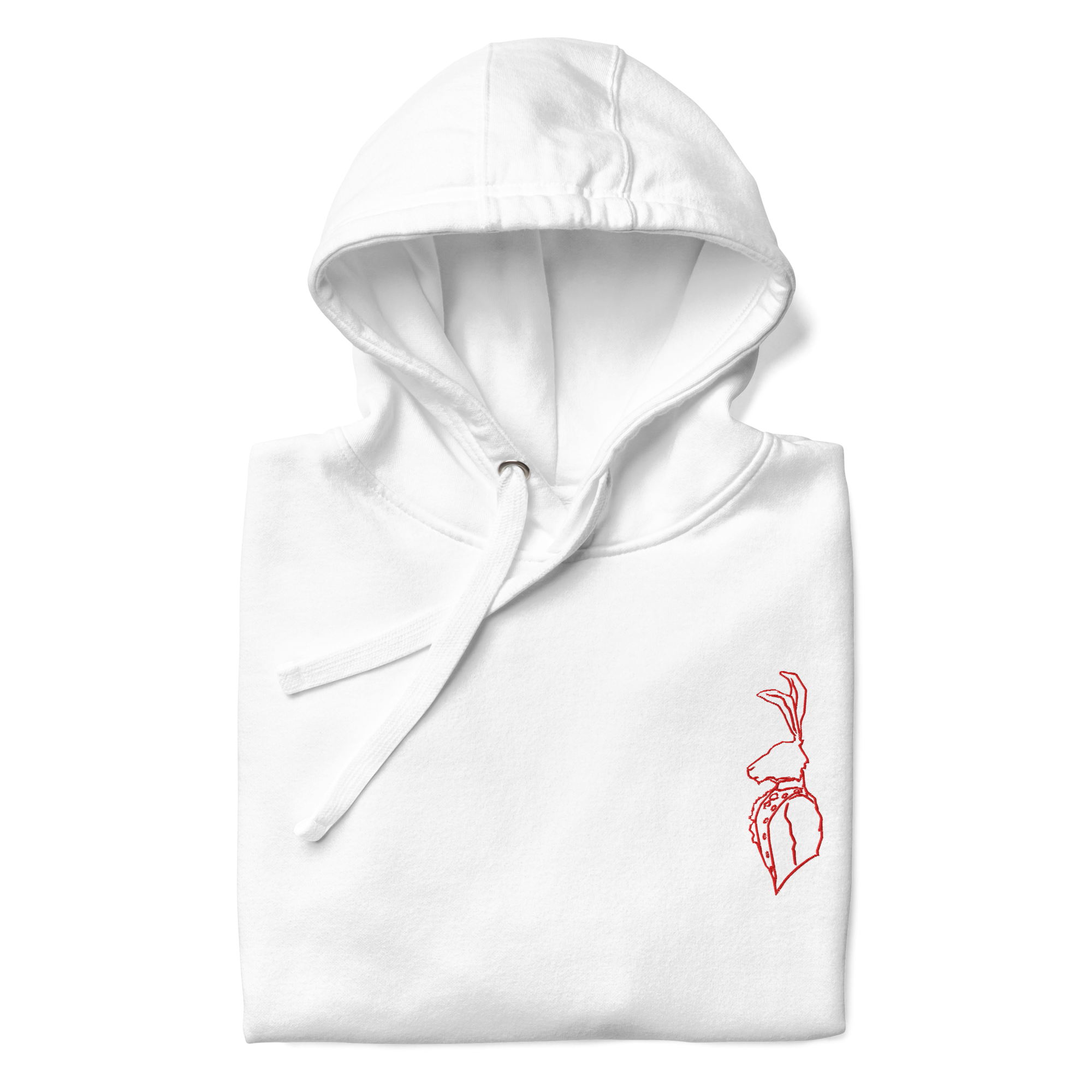 White hoodie with a red embroidered outline of THE SOPHISTICATED HARE on the chest.