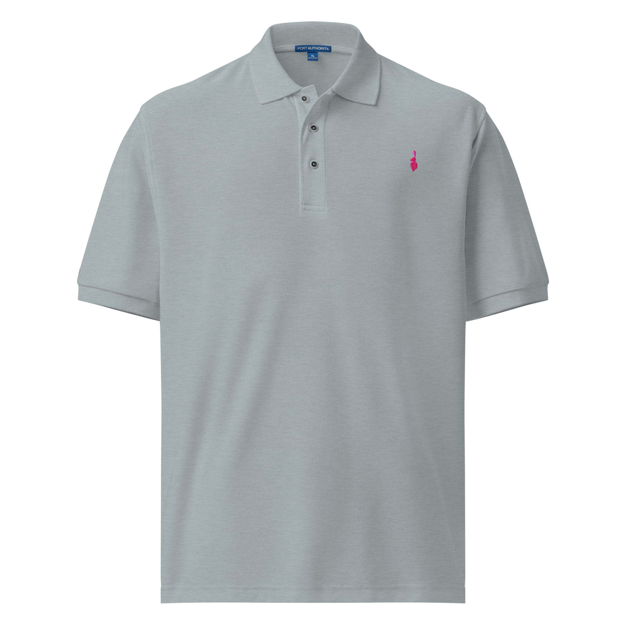 Light gray polo shirt with a pink embroidered logo of a hare on the left chest area.