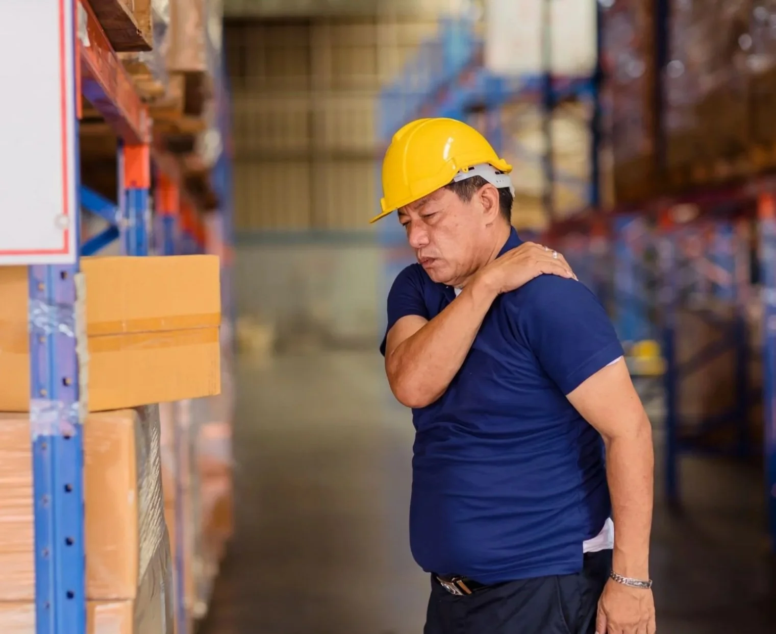 A man wearing a yellow hard hat and a navy blue shirt is in a warehouse aisle, holding his shoulder and appearing to experience pain or discomfort.