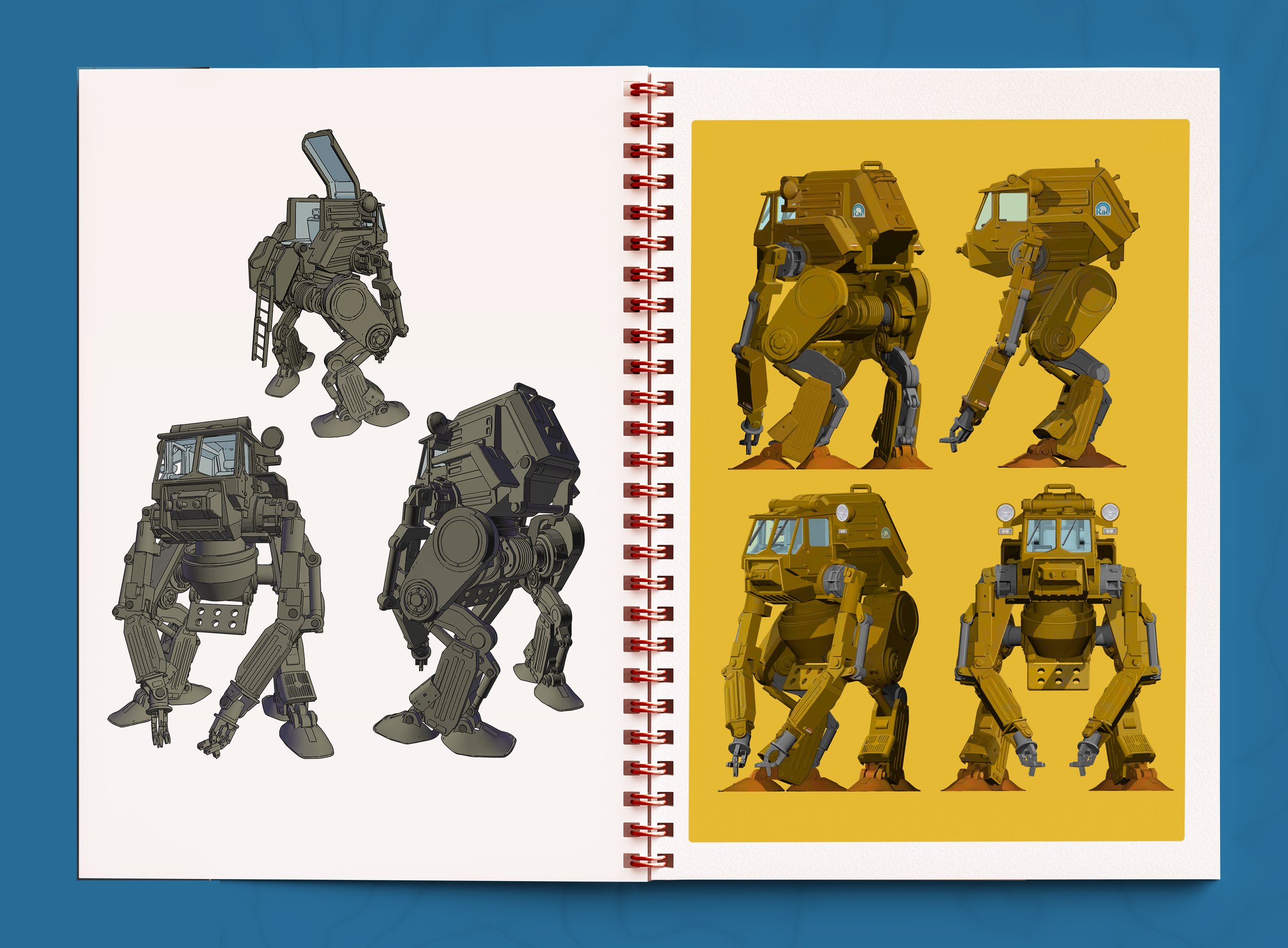 Concept designs for Asa Donald/Backwards Tabletop's Rust Never Sleeps, an anarchist mecha TTRPG. The idea was for a utilitarian vehicle that could be easily 'punked up' to fight the system. 
