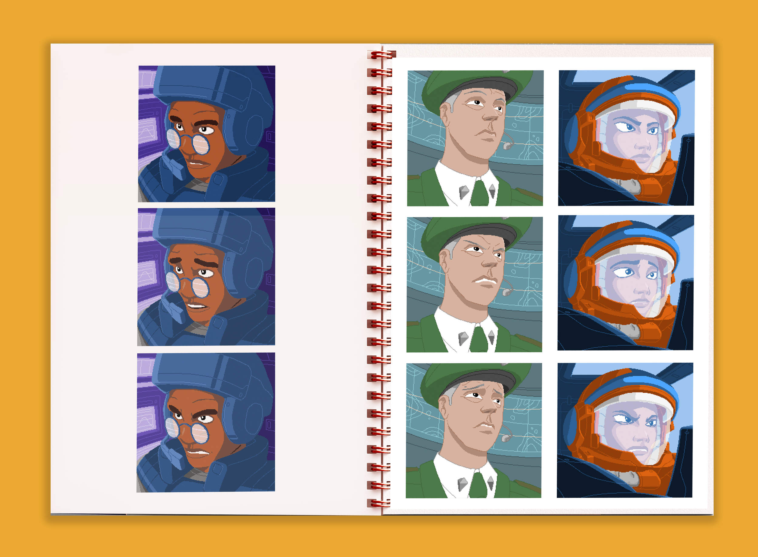 A collection of pixel-style character headshots for a game project in the style of Terminal Velocity/Fury3. 