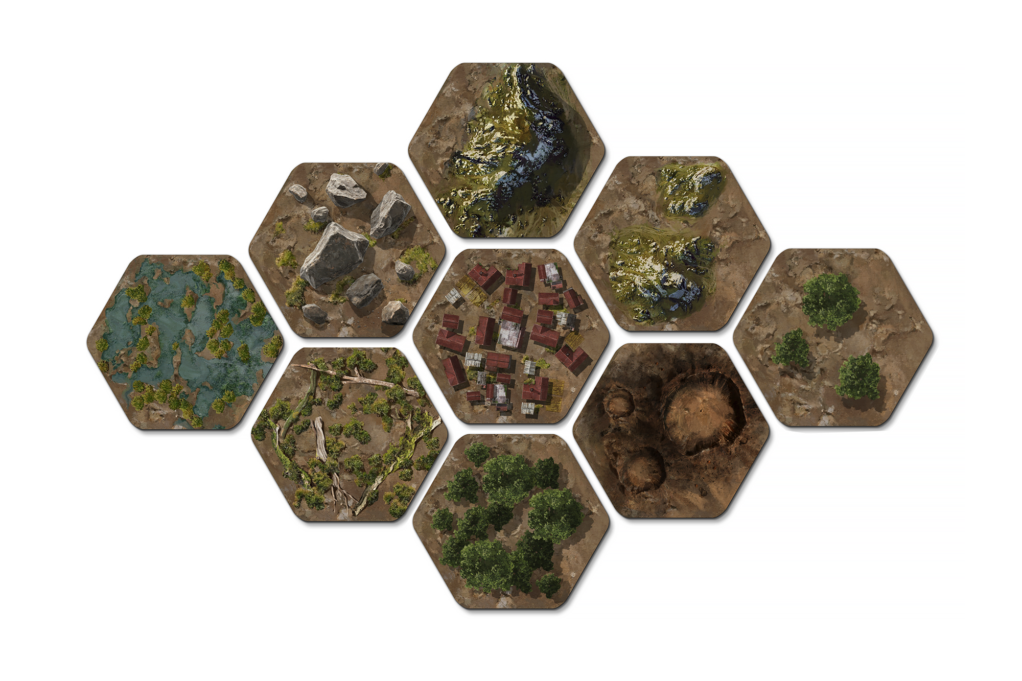 A group of painted terrain hexes for a wargame currently in production. The idea is for a rich, painterly and slightly impressionistic hex-map experience.