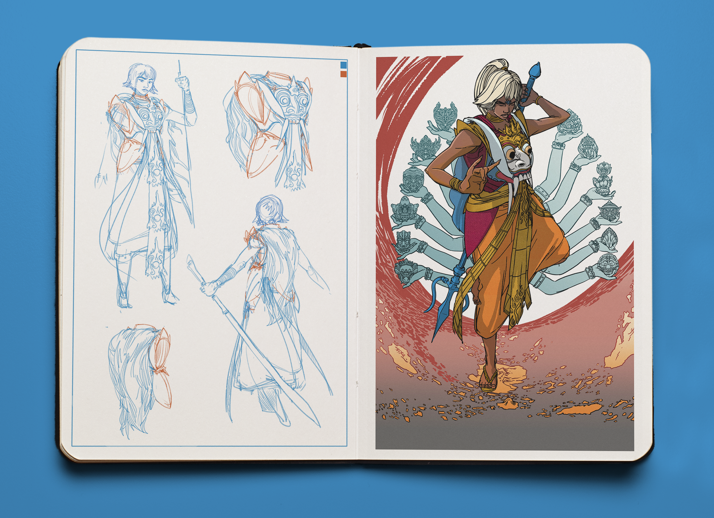 A cover development for the TTRPG God Obliterating Vajra, featuring an androgynous demigod looming over an archipelago of fantastical South East Asian milieu of spiritual beings and celestial warriors. 