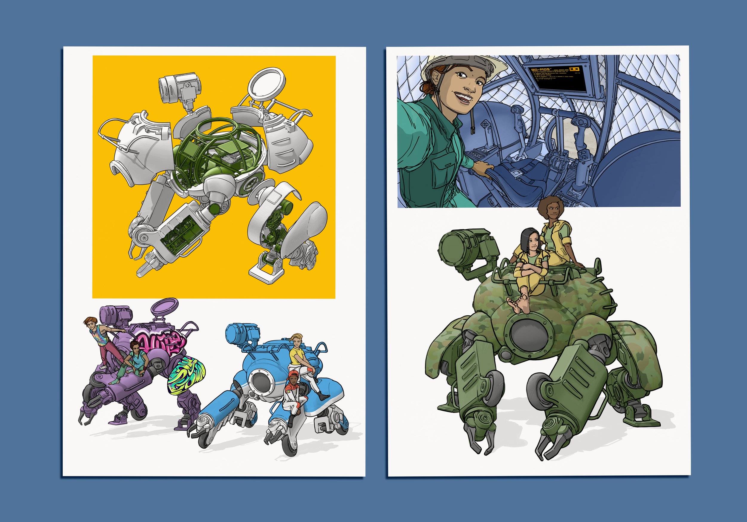 Assorted renderings of a personal hardsuit design, from an ongoing solarpunk sci-fi project.